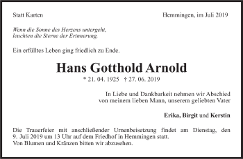 Traueranzeige von Hans Gotthold Arnold von Leonberger Kreiszeitung / Strohgäu Extra