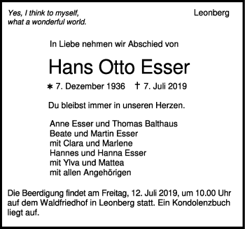Traueranzeige von Hans Otto Esser von Leonberger Kreiszeitung / Strohgäu Extra