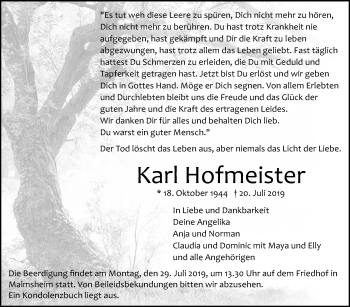 Traueranzeige von Karl Hofmeister von Leonberger Kreiszeitung / Strohgäu Extra