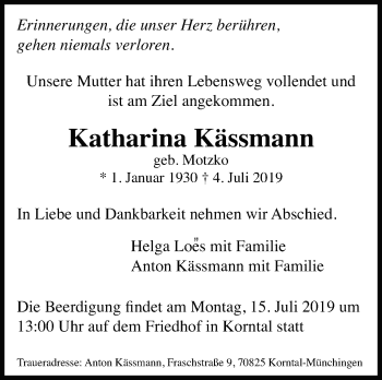 Traueranzeige von Katharina Kässmann von Leonberger Kreiszeitung / Strohgäu Extra
