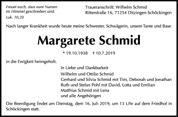 Traueranzeige von Margarete Schmid von Leonberger Kreiszeitung / Strohgäu Extra