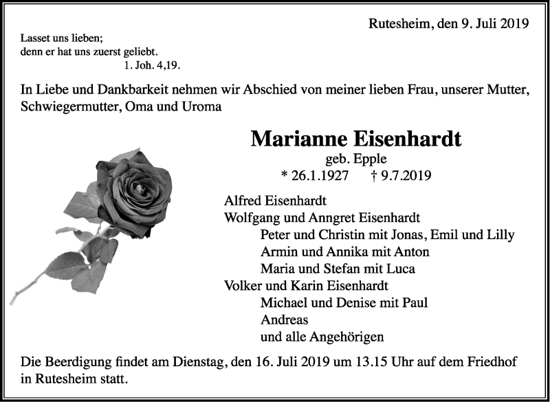  Traueranzeige für Marianne Eisenhardt vom 11.07.2019 aus Leonberger Kreiszeitung / Strohgäu Extra