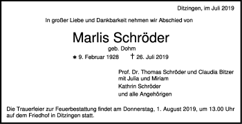 Traueranzeige von Marlis Schröder von Leonberger Kreiszeitung / Strohgäu Extra