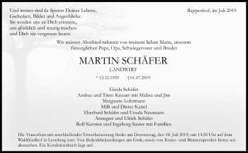 Traueranzeige von Martin Schäfer von Leonberger Kreiszeitung / Strohgäu Extra