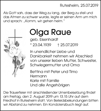 Traueranzeige von Olga Raue von Leonberger Kreiszeitung / Strohgäu Extra