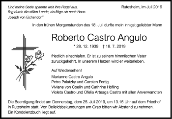 Traueranzeige von RRoberto Castro  Angulo von Leonberger Kreiszeitung / Strohgäu Extra