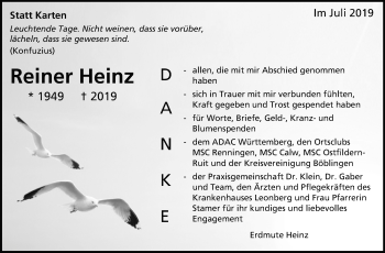 Traueranzeige von Reiner Heinz von Leonberger Kreiszeitung / Strohgäu Extra