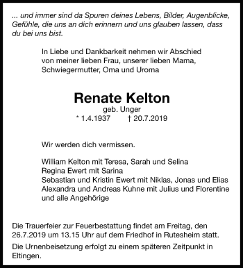 Traueranzeige von Renate Kelton von Leonberger Kreiszeitung / Strohgäu Extra