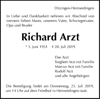 Traueranzeige von Richard Arzt von Leonberger Kreiszeitung / Strohgäu Extra