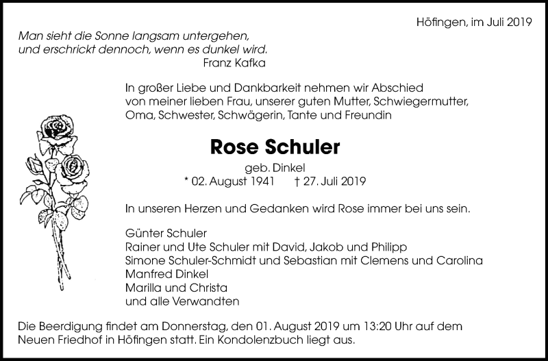  Traueranzeige für Rose Schuler vom 30.07.2019 aus Leonberger Kreiszeitung / Strohgäu Extra
