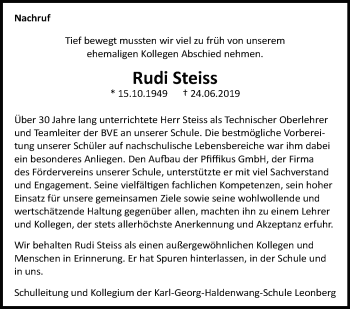 Traueranzeige von Rudi Steiss von Leonberger Kreiszeitung / Strohgäu Extra