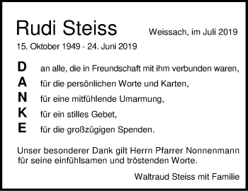 Traueranzeige von Rudi Steiss von Leonberger Kreiszeitung / Strohgäu Extra