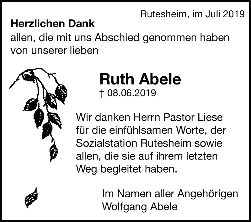  Traueranzeige für Ruth Abele vom 05.07.2019 aus Leonberger Kreiszeitung / Strohgäu Extra