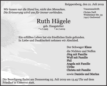 Traueranzeige von Ruth Hägele von Leonberger Kreiszeitung / Strohgäu Extra