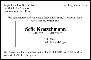 Traueranzeige von Sofie Kratschmann von Leonberger Kreiszeitung / Strohgäu Extra