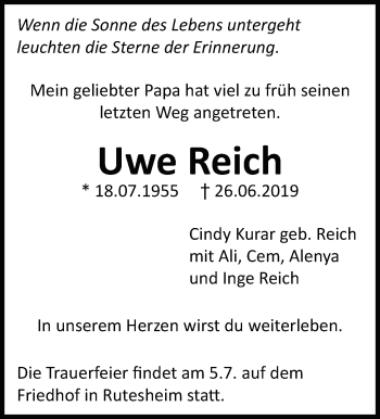 Traueranzeige von Uwe Reich von Leonberger Kreiszeitung / Strohgäu Extra