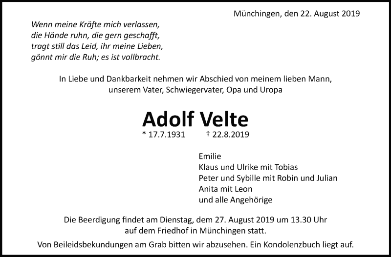  Traueranzeige für Adolf Velte vom 24.08.2019 aus Leonberger Kreiszeitung / Strohgäu Extra