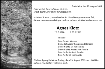 Traueranzeige von Agnes Klotz von Leonberger Kreiszeitung / Strohgäu Extra