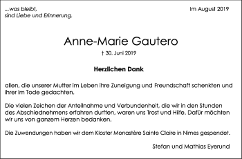 Traueranzeige von Anne-Marie Gautero von Leonberger Kreiszeitung / Strohgäu Extra
