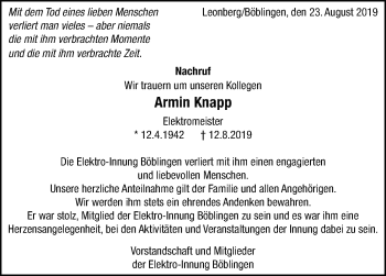 Traueranzeige von Armin Knapp von Leonberger Kreiszeitung / Strohgäu Extra