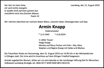 Traueranzeige von Armin Knapp von Leonberger Kreiszeitung / Strohgäu Extra
