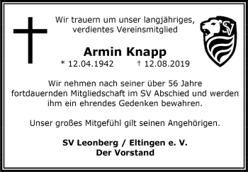 Traueranzeige von Armin Knapp von Leonberger Kreiszeitung / Strohgäu Extra