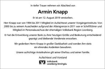 Traueranzeige von Armin Knapp von Leonberger Kreiszeitung / Strohgäu Extra