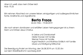 Traueranzeige von Berta Fraas von Leonberger Kreiszeitung / Strohgäu Extra