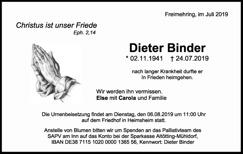  Traueranzeige für Dieter Binder vom 01.08.2019 aus Leonberger Kreiszeitung / Strohgäu Extra