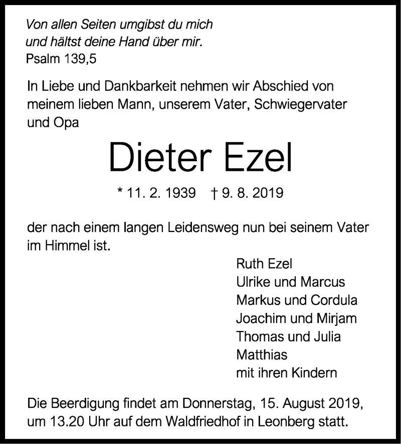  Traueranzeige für Dieter Ezel vom 13.08.2019 aus Leonberger Kreiszeitung / Strohgäu Extra
