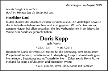 Traueranzeige von Doris Kopp von Leonberger Kreiszeitung / Strohgäu Extra