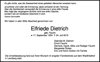 Traueranzeige von Elfriede Dietrich von Leonberger Kreiszeitung / Strohgäu Extra