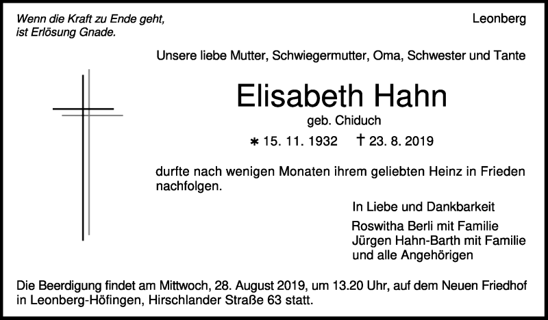  Traueranzeige für Elisabeth Hahn vom 27.08.2019 aus Leonberger Kreiszeitung / Strohgäu Extra