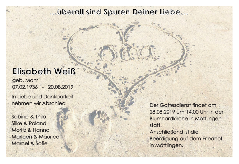  Traueranzeige für Elisabeth Weiß vom 24.08.2019 aus Leonberger Kreiszeitung / Strohgäu Extra