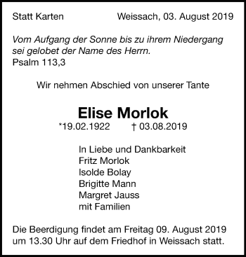 Traueranzeige von Elise Morlok von Leonberger Kreiszeitung / Strohgäu Extra