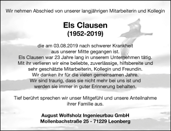 Traueranzeige von Els Clausen von Leonberger Kreiszeitung / Strohgäu Extra