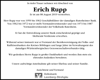 Traueranzeige von Erich Rupp von Leonberger Kreiszeitung / Strohgäu Extra