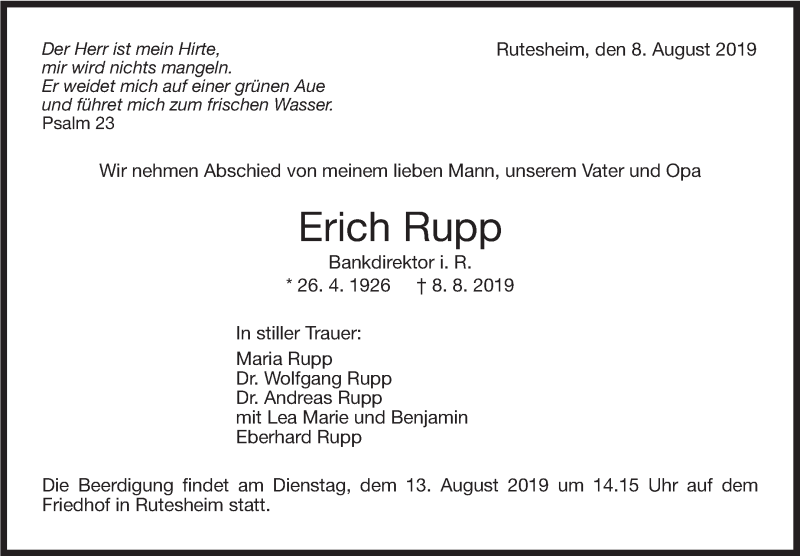  Traueranzeige für Erich Rupp vom 12.08.2019 aus Leonberger Kreiszeitung / Strohgäu Extra