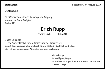 Traueranzeige von Erich Rupp von Leonberger Kreiszeitung / Strohgäu Extra