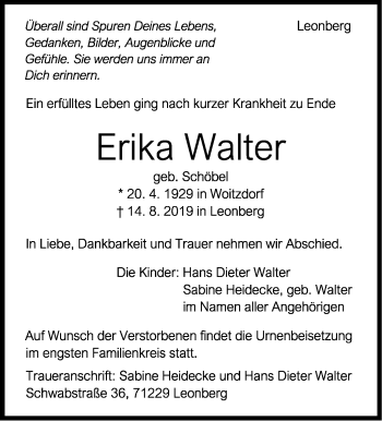 Traueranzeige von Erika Walter von Leonberger Kreiszeitung / Strohgäu Extra