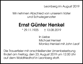 Traueranzeige von Ernst Günter Henkel von Leonberger Kreiszeitung / Strohgäu Extra