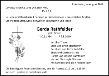 Traueranzeige von Gerda Rathfelder von Leonberger Kreiszeitung / Strohgäu Extra