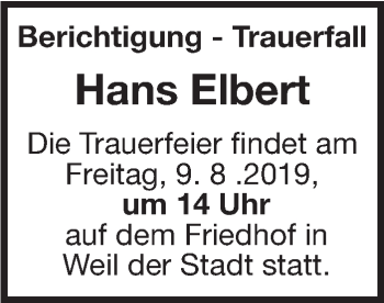 Traueranzeige von Hans Elbert von Leonberger Kreiszeitung / Strohgäu Extra