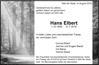 Traueranzeige von Hans Elbert von Leonberger Kreiszeitung / Strohgäu Extra