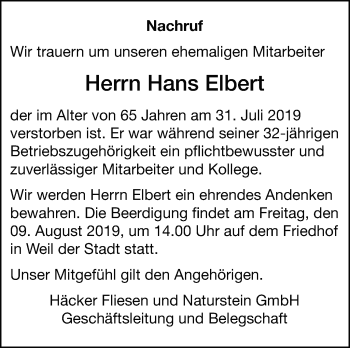 Traueranzeige von Hans Elbert von Leonberger Kreiszeitung / Strohgäu Extra