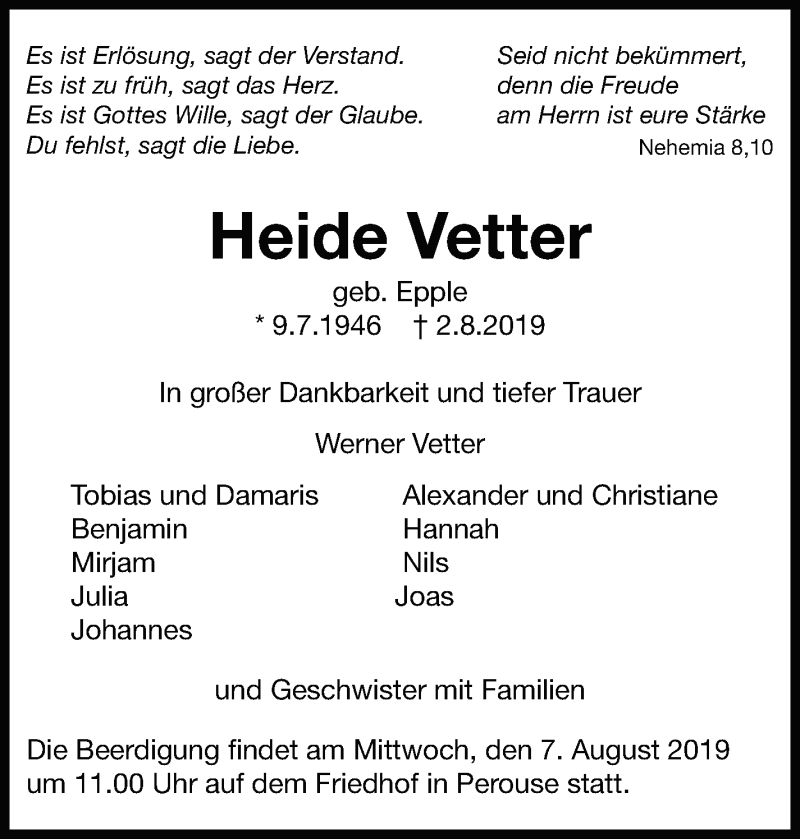  Traueranzeige für Heide Vetter vom 05.08.2019 aus Leonberger Kreiszeitung / Strohgäu Extra