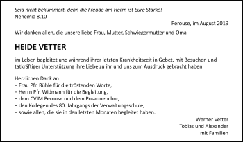 Traueranzeige von Heide Vetter von Leonberger Kreiszeitung / Strohgäu Extra
