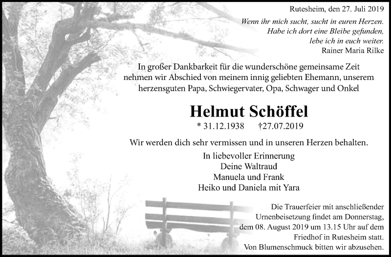  Traueranzeige für Helmut Schöffel vom 06.08.2019 aus Leonberger Kreiszeitung / Strohgäu Extra