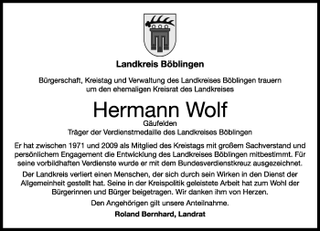 Traueranzeige von Hermann Wolf von Leonberger Kreiszeitung / Strohgäu Extra