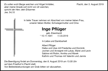 Traueranzeige von Inge Pflüger von Leonberger Kreiszeitung / Strohgäu Extra